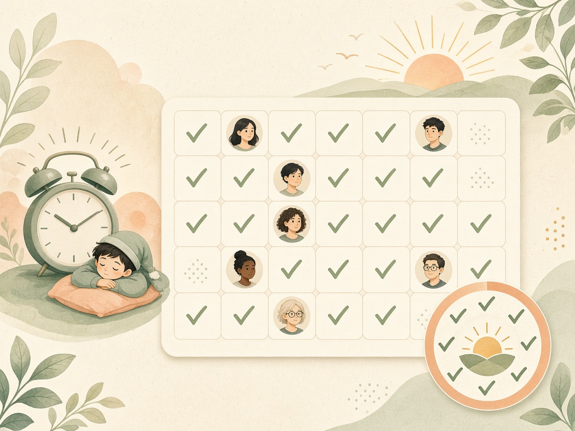 A wake-up streak calendar filled with checkmarks and character portraits