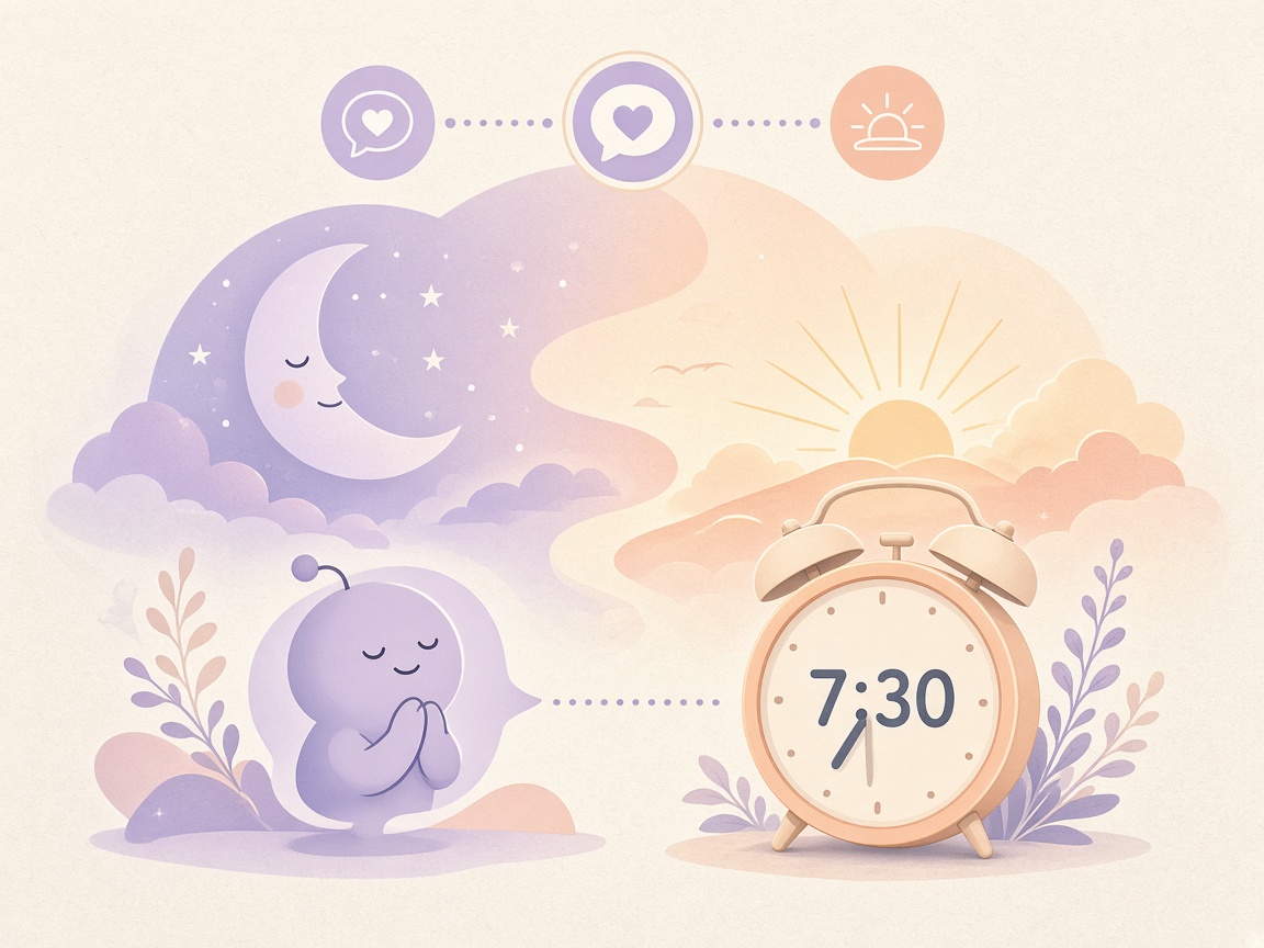 A character setting a 7:30 alarm as night turns into morning